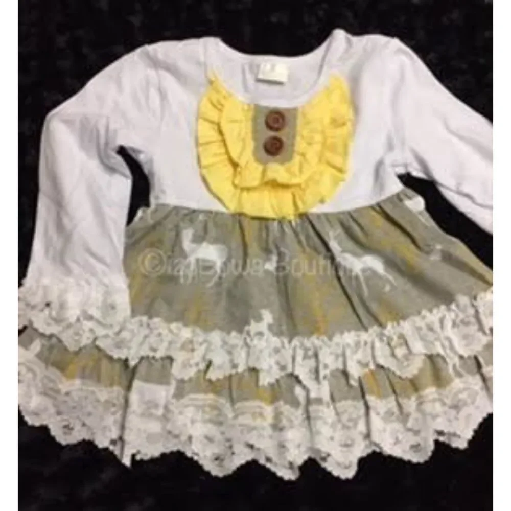 Yellow & Grey Deer Dress and Ruffle Pant Set YGDP3T MED 3T NWT Boutique